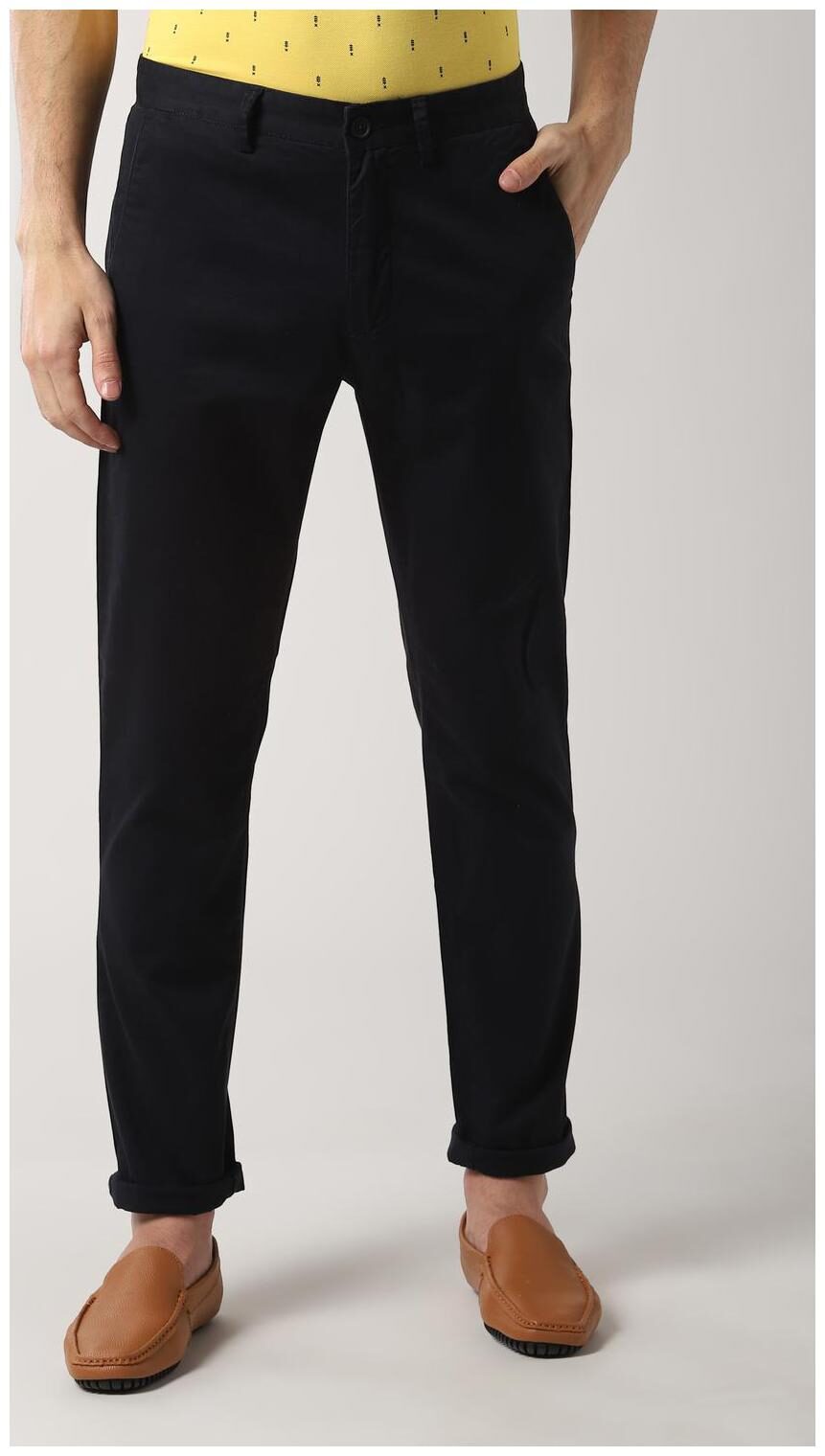 

Peter England Men Cotton Solid Black Casual Trousers