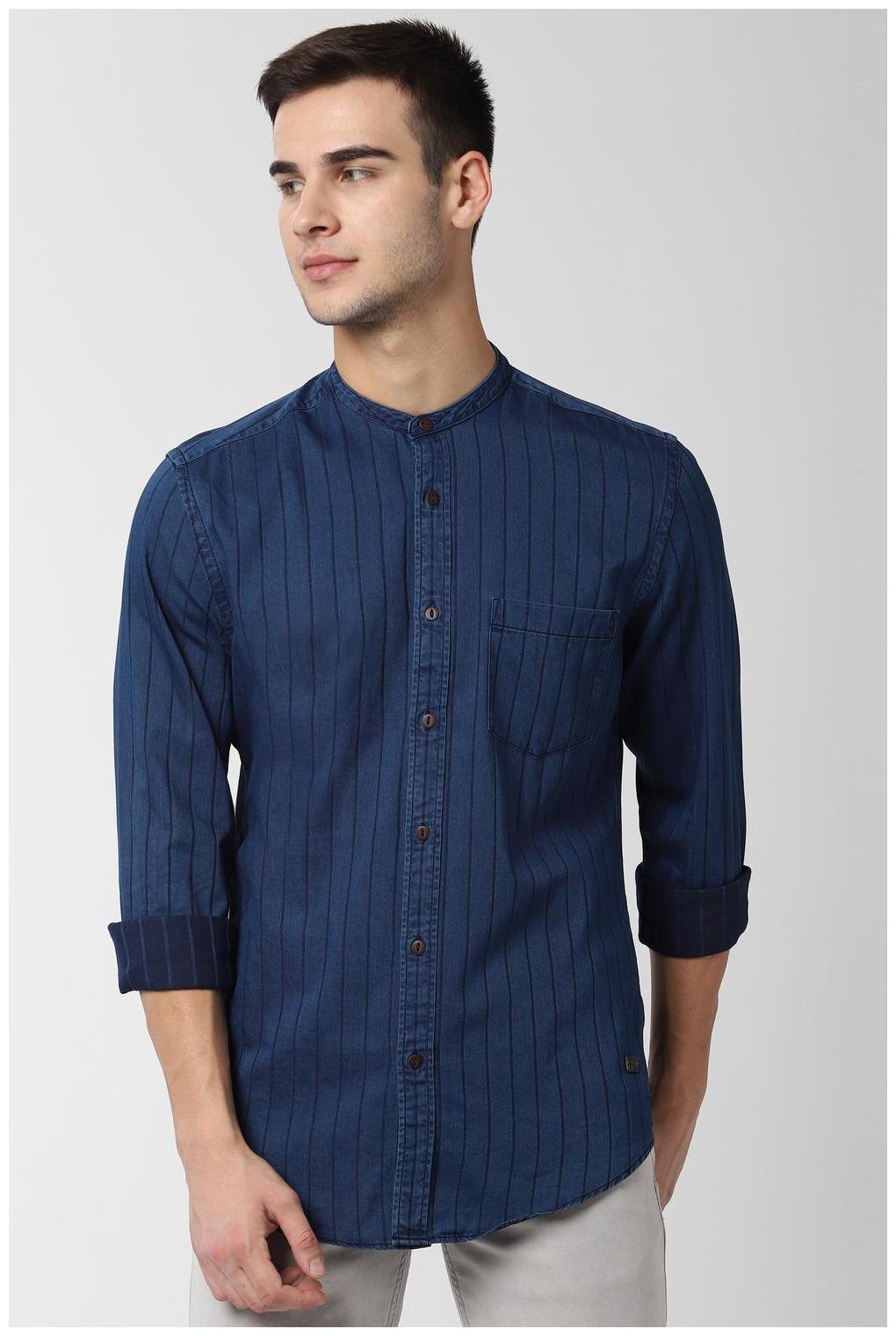 

Peter England Men Navy Blue Vertical Stripes Super Slim Fit Casual Shirt
