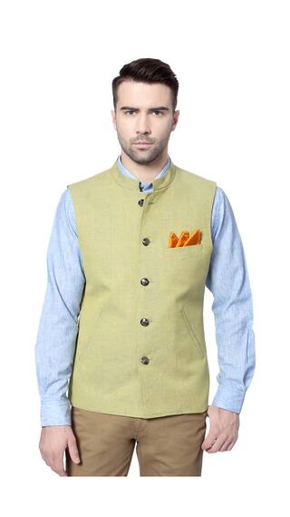 Peter England Green Cotton Nehru Jacket