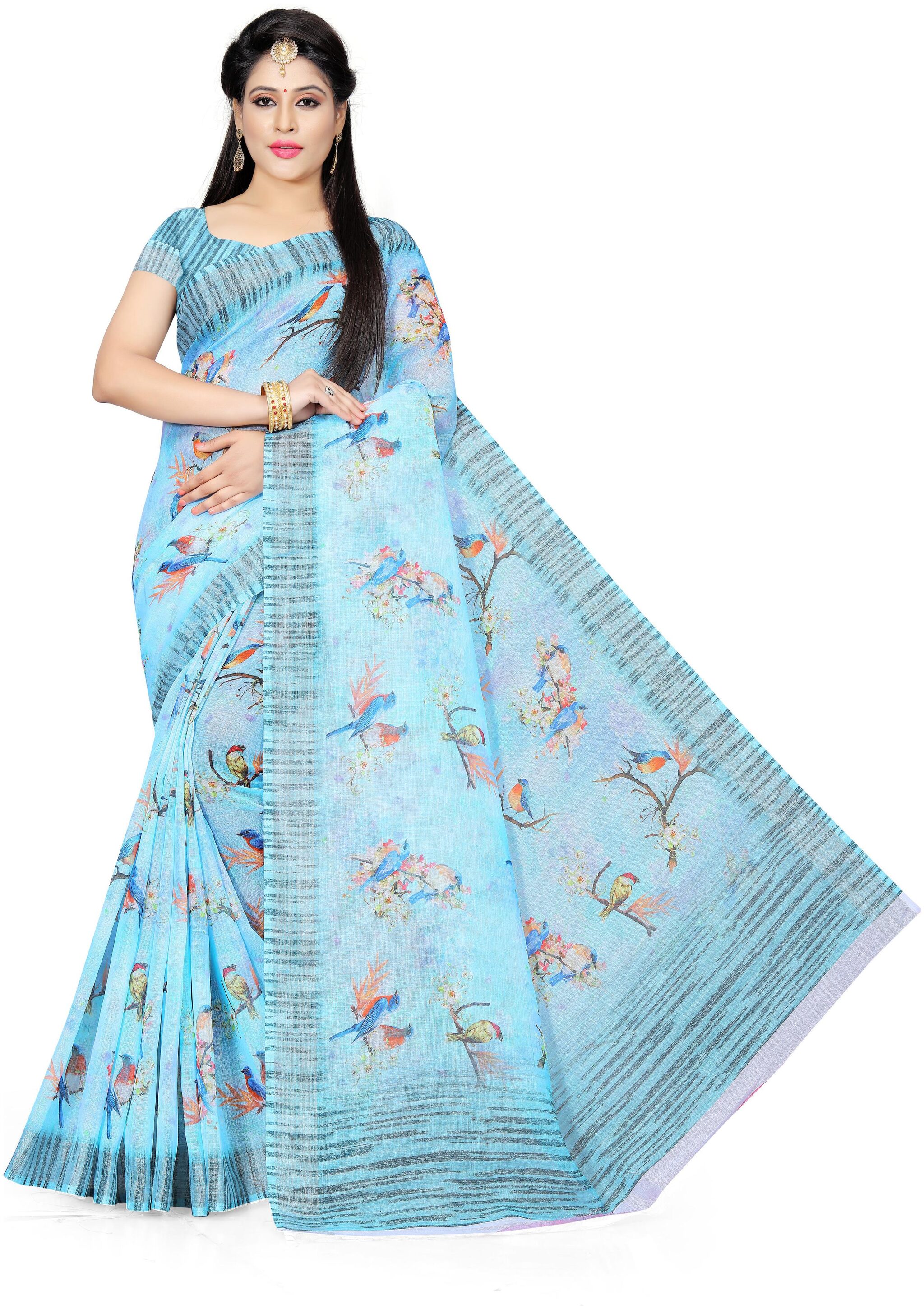 

Pezira Blue Floral Mangalagiri Designer Saree With Blouse With blouse