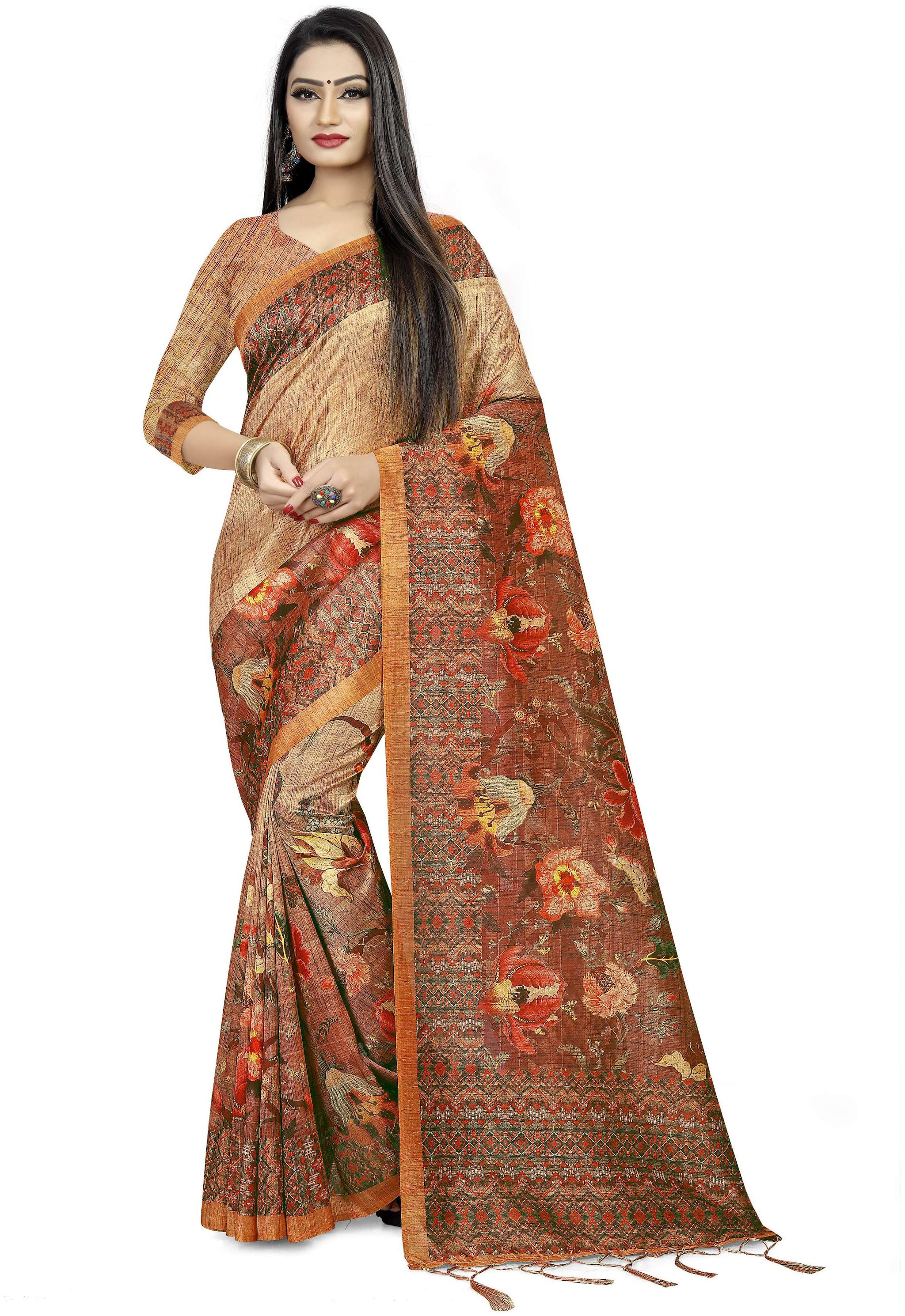 

Pezira Brown Floral Universal Designer Saree With Blouse With blouse