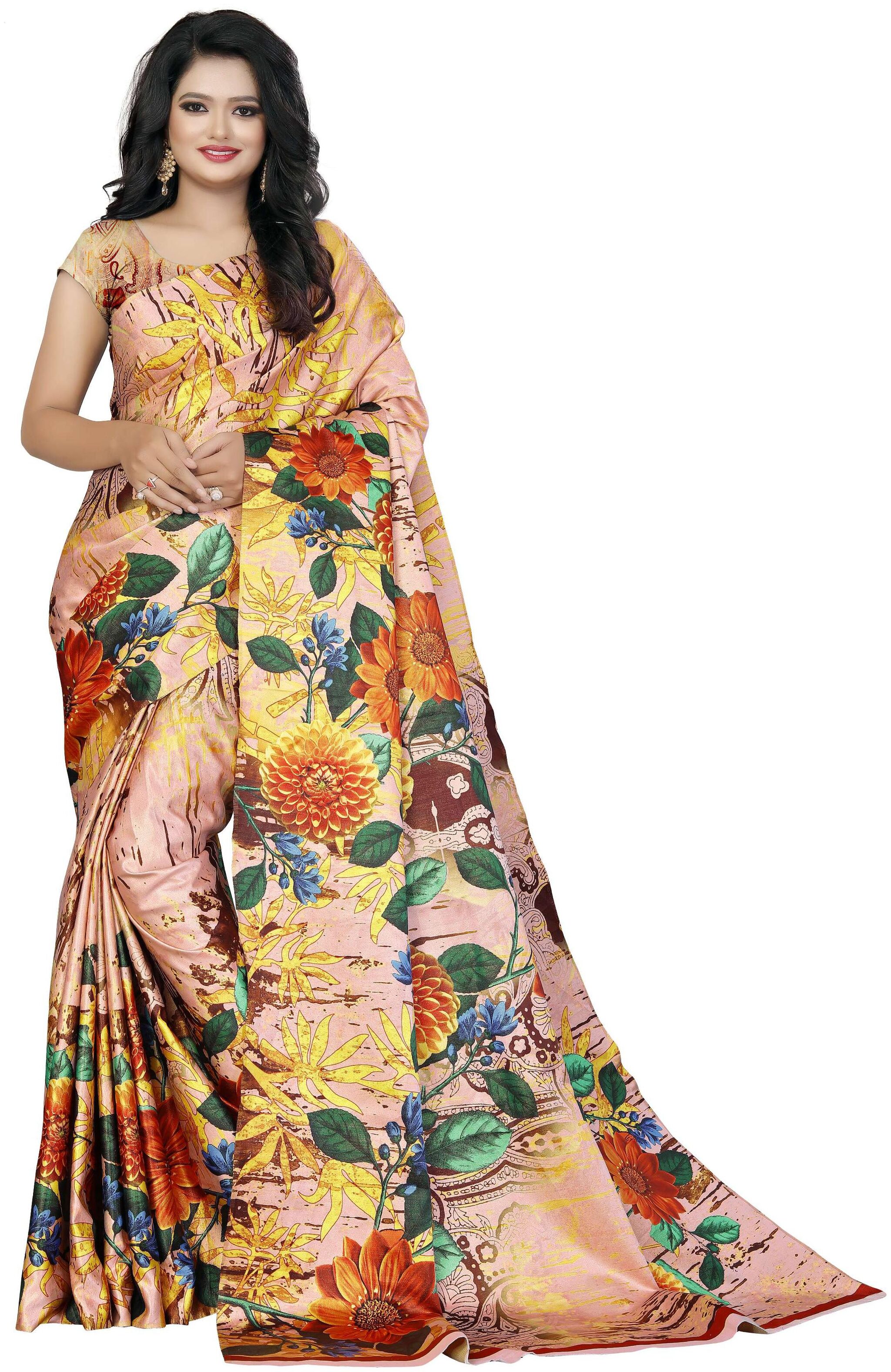 

Pezira Peach Floral Mangalagiri Designer Saree With Blouse With blouse