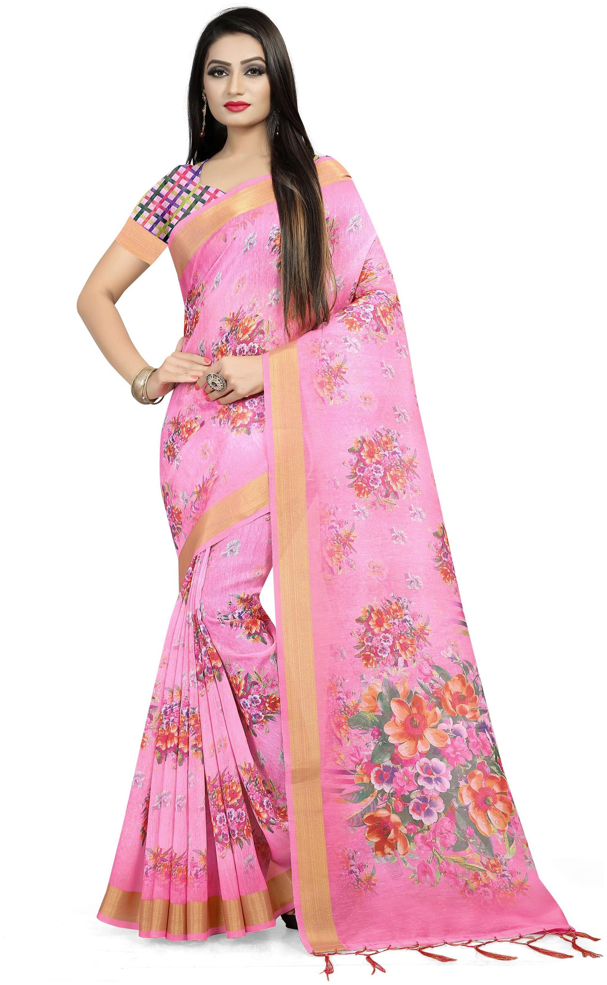 

Pezira Pink Floral Universal Designer Saree With Blouse With blouse