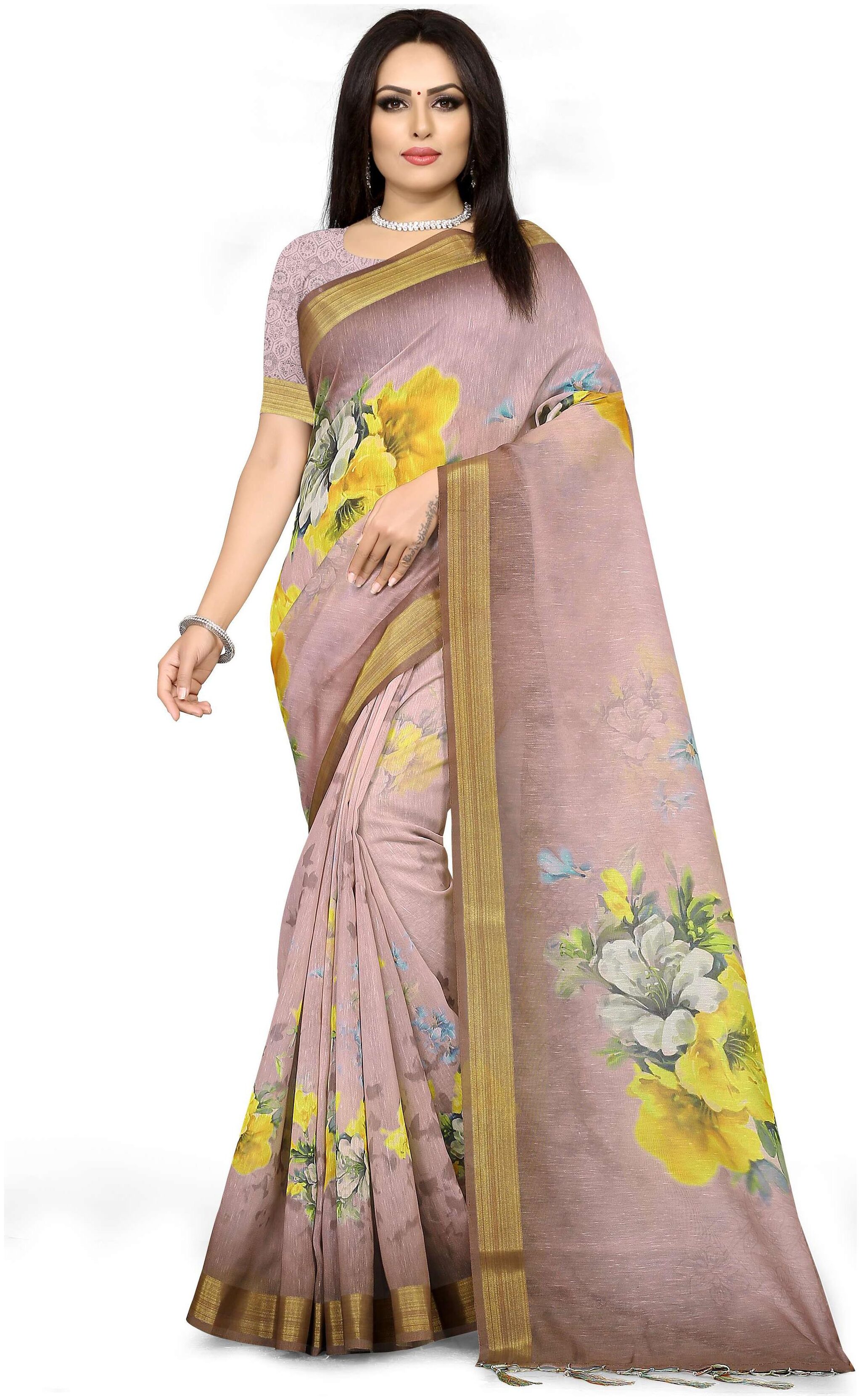 

Pezira Brown Floral Universal Designer Saree With Blouse With blouse