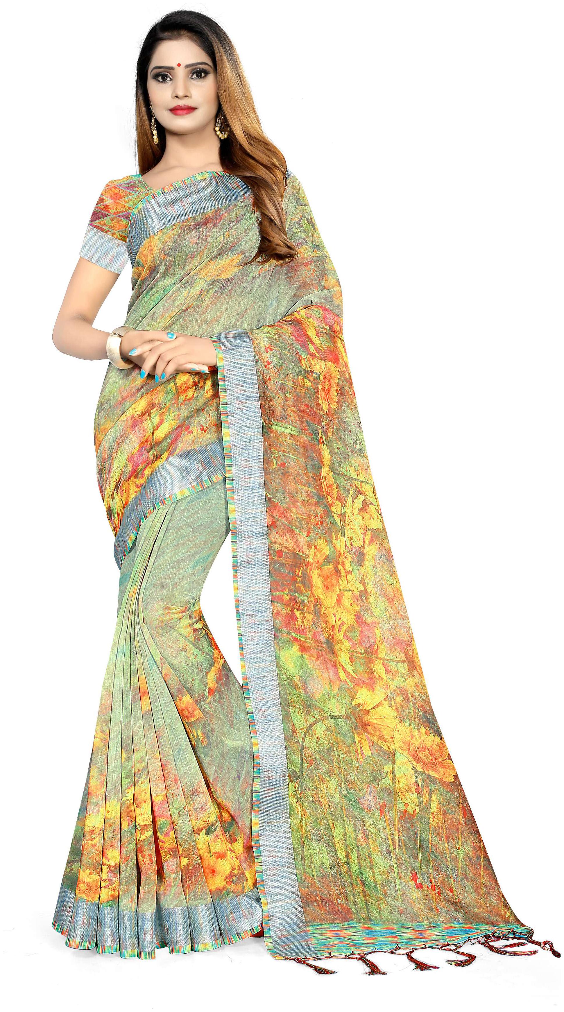 

Pezira Yellow Floral Universal Designer Saree With Blouse With blouse