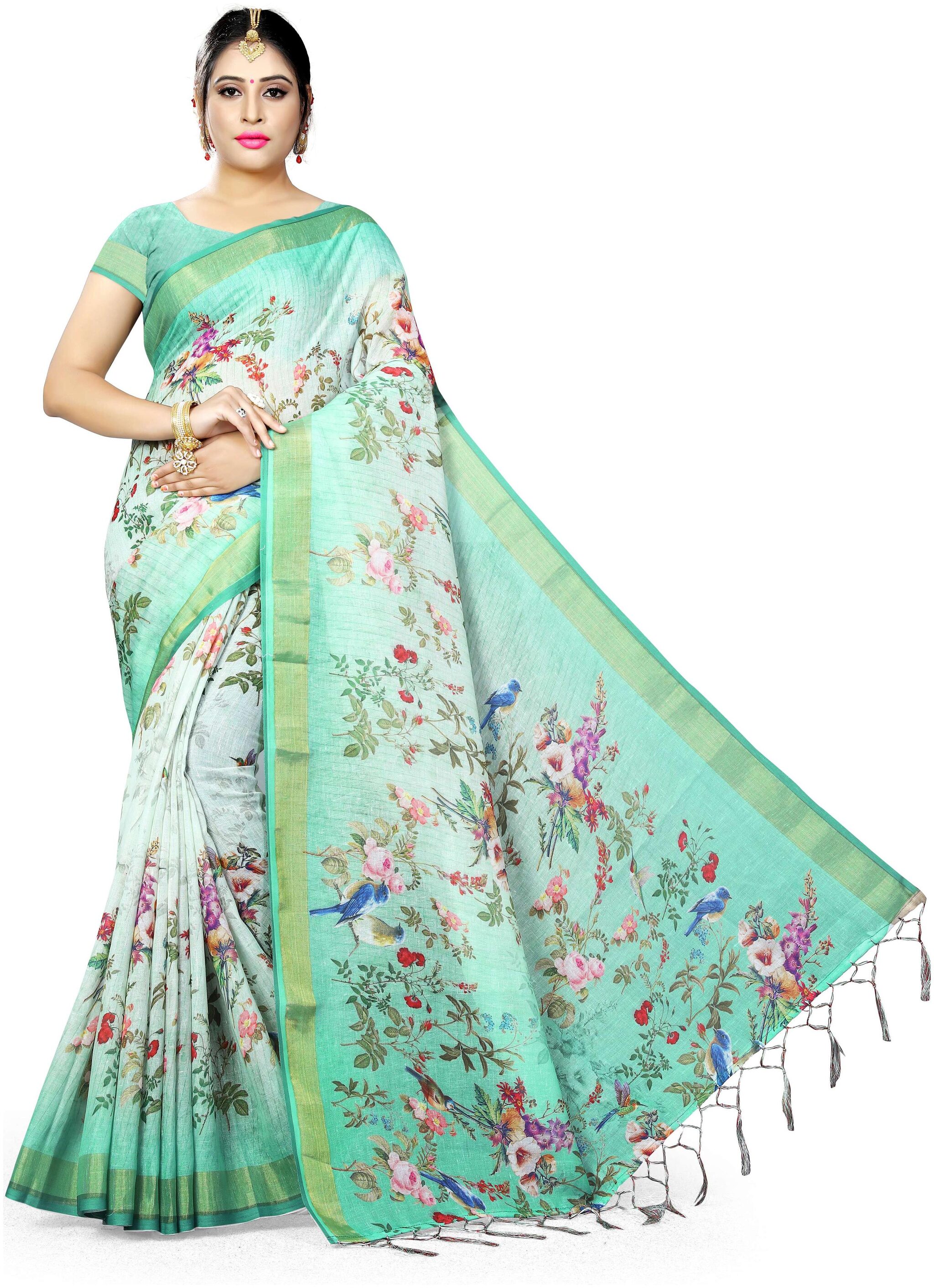 

Pezira Green Floral Universal Designer Saree With Blouse With blouse