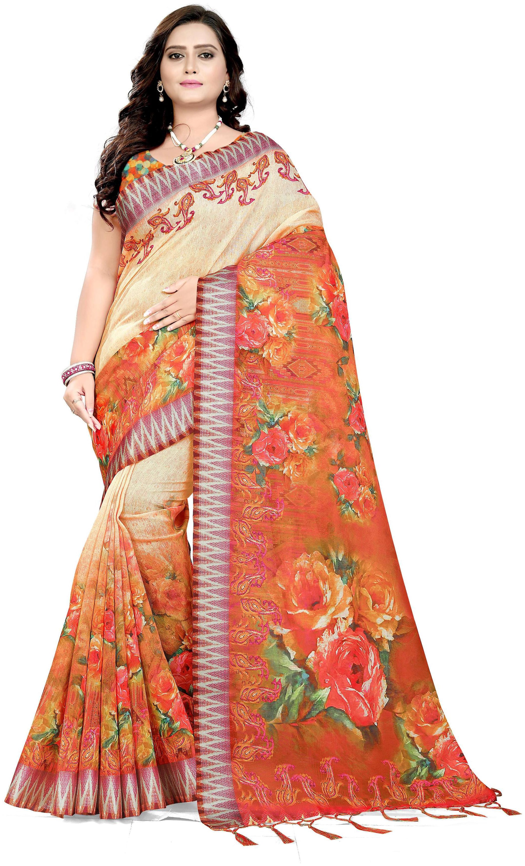 

Pezira Orange Floral Universal Designer Saree With Blouse With blouse