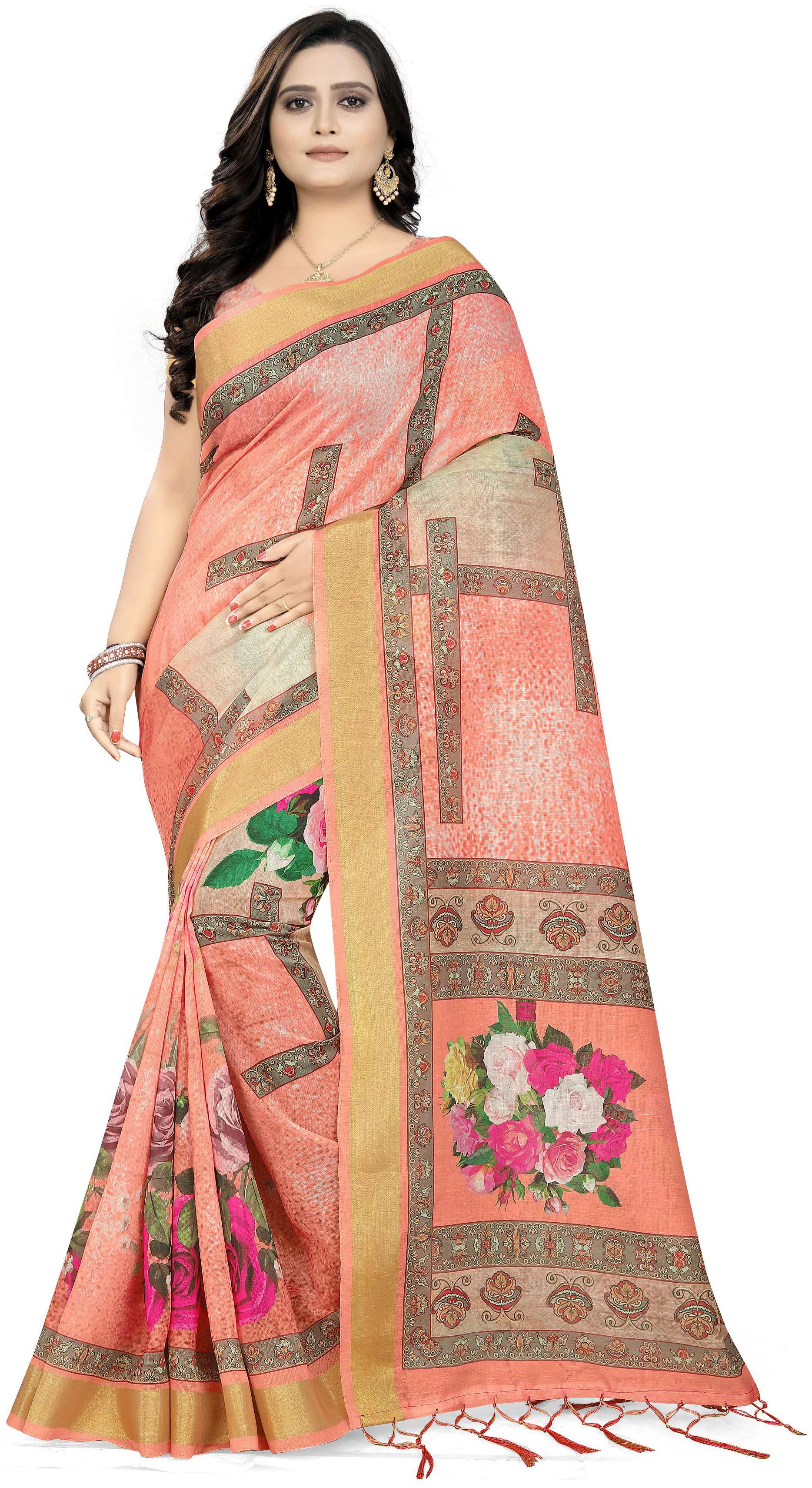 

Pezira WomenLinen Universal Saree With Blouse - Peach