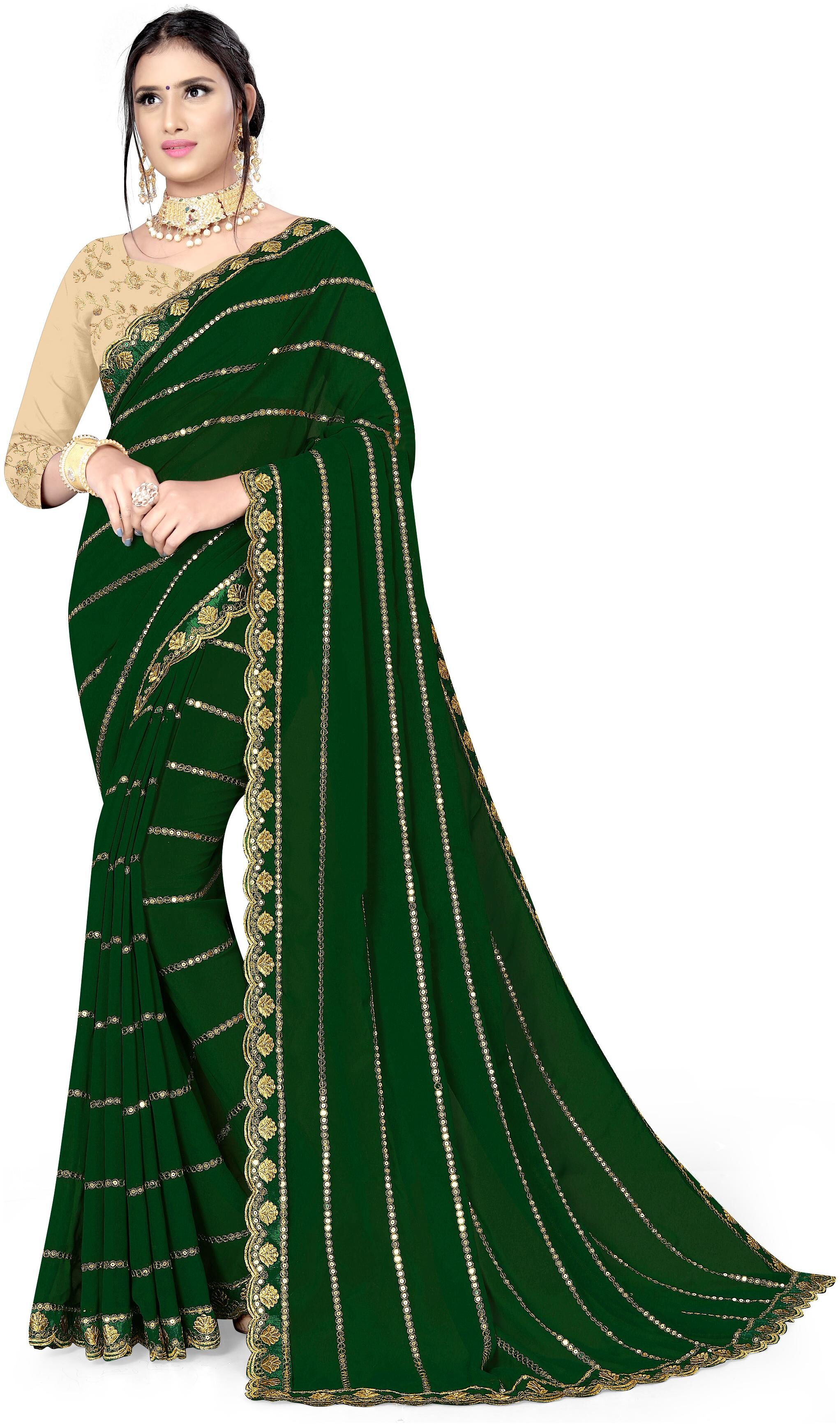 

Pezira Womens Embroidered Work Sequence Zari Green Color Saree