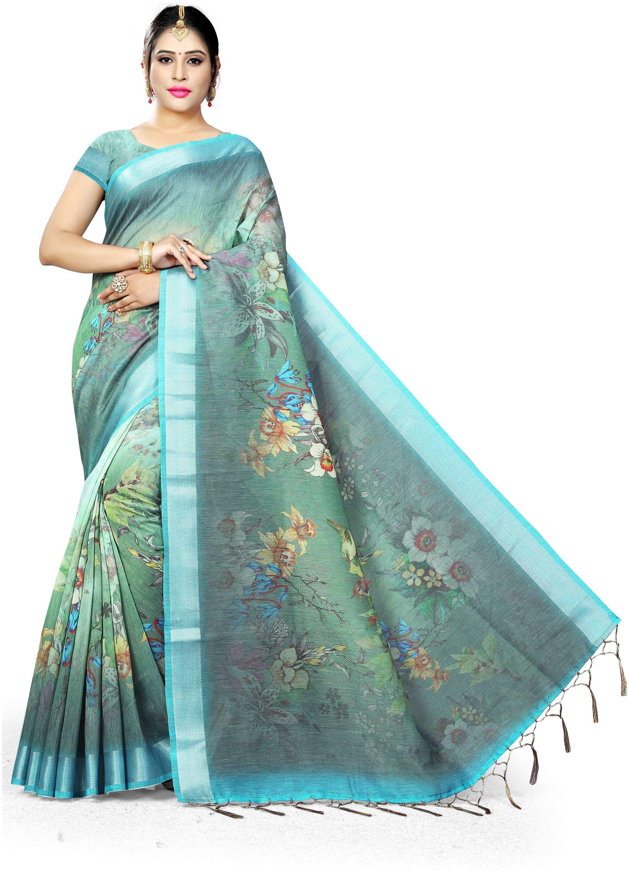 

Pezira Green Floral Universal Designer Saree With Blouse With blouse