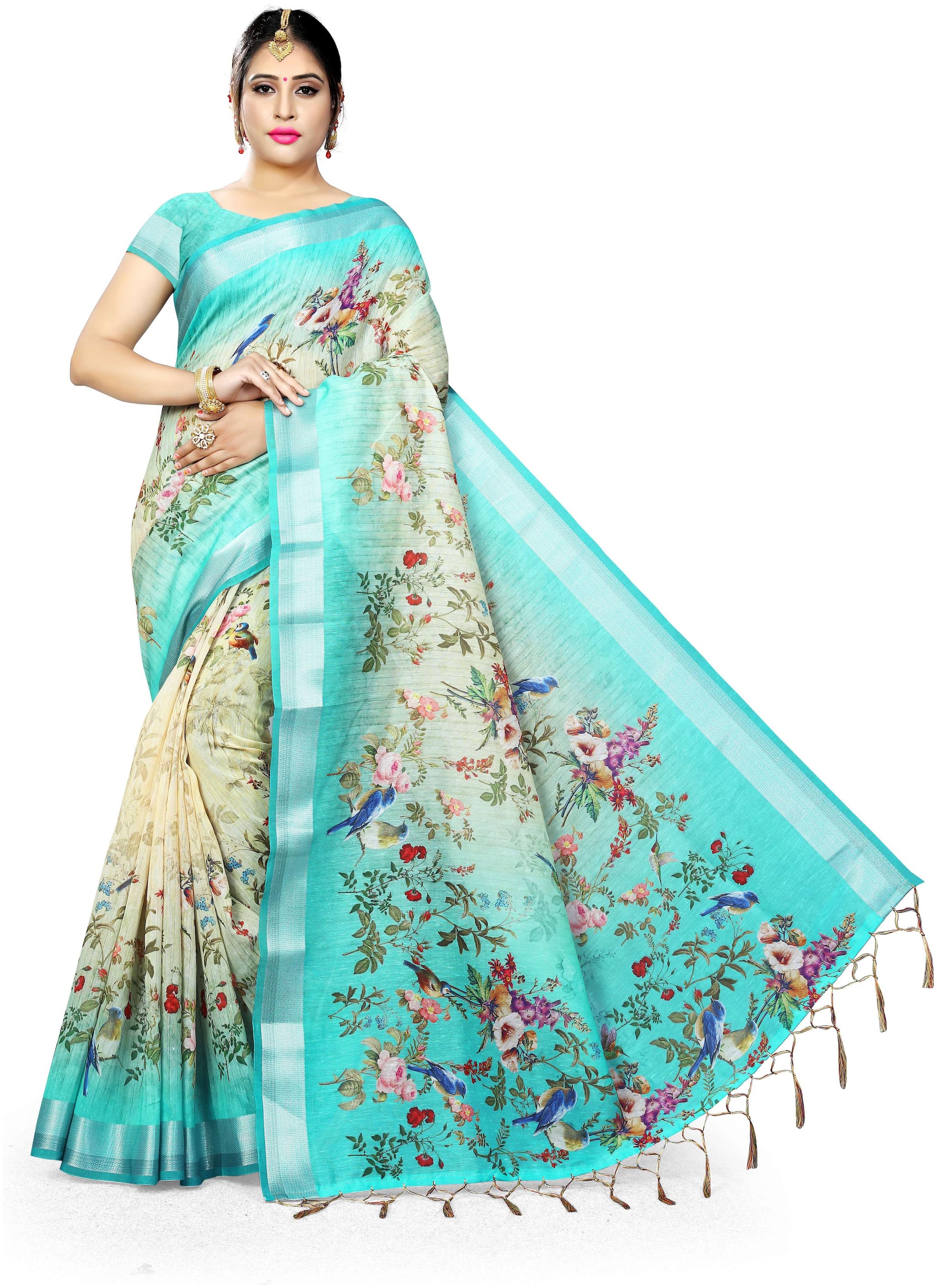 

Pezira Green Floral Universal Designer Saree With Blouse With blouse