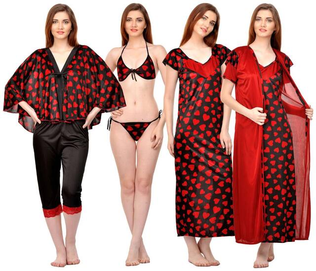 Phalin Women's Black & Maroon Satin Printed Top & Capri & Nighty & Robe & Bra & Panty Set