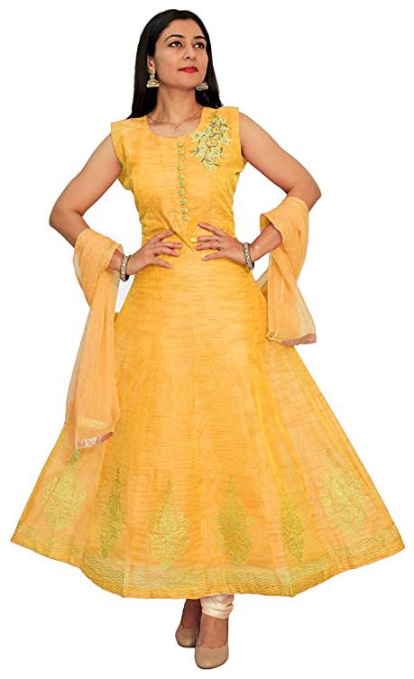 

PHB Wholesale Garments Silk Blend Round Neck Embroidered Yellow Color Gown With Bottom Dupatta