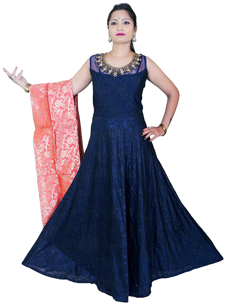 

PHB Wholesale Garments Polyester Blend Round Neck Embroidered Blue Color Gown With Bottom Dupatta