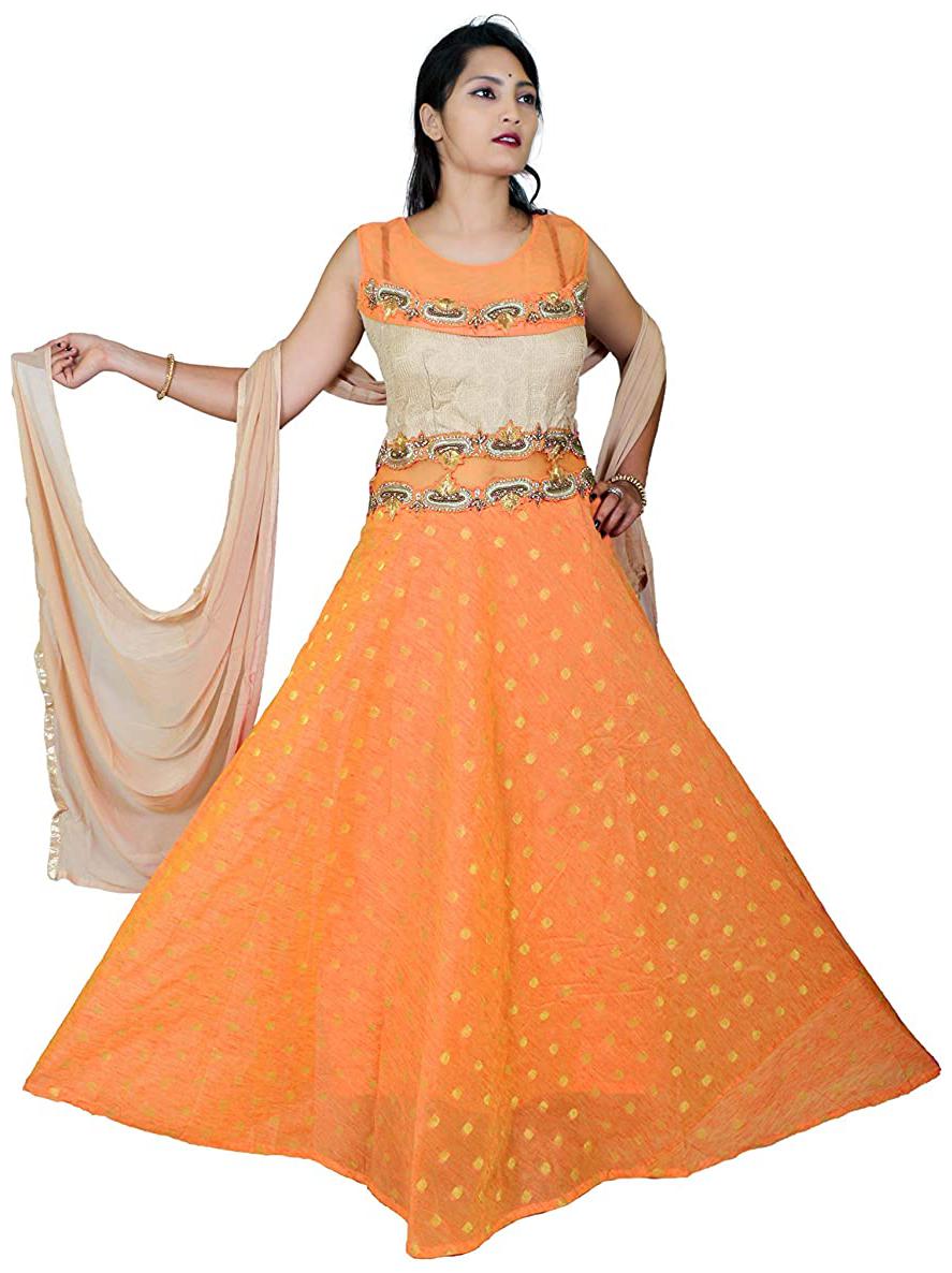 

PHB Wholesale Garments Silk Blend Round Neck Embroidered Yellow Color Gown With Bottom Dupatta