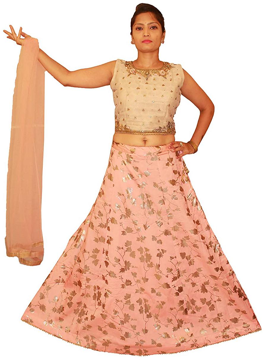 

PHB Wholesale Garments Polyester Embroidered Cream Pink Color Lehenga Choli with Dupatta