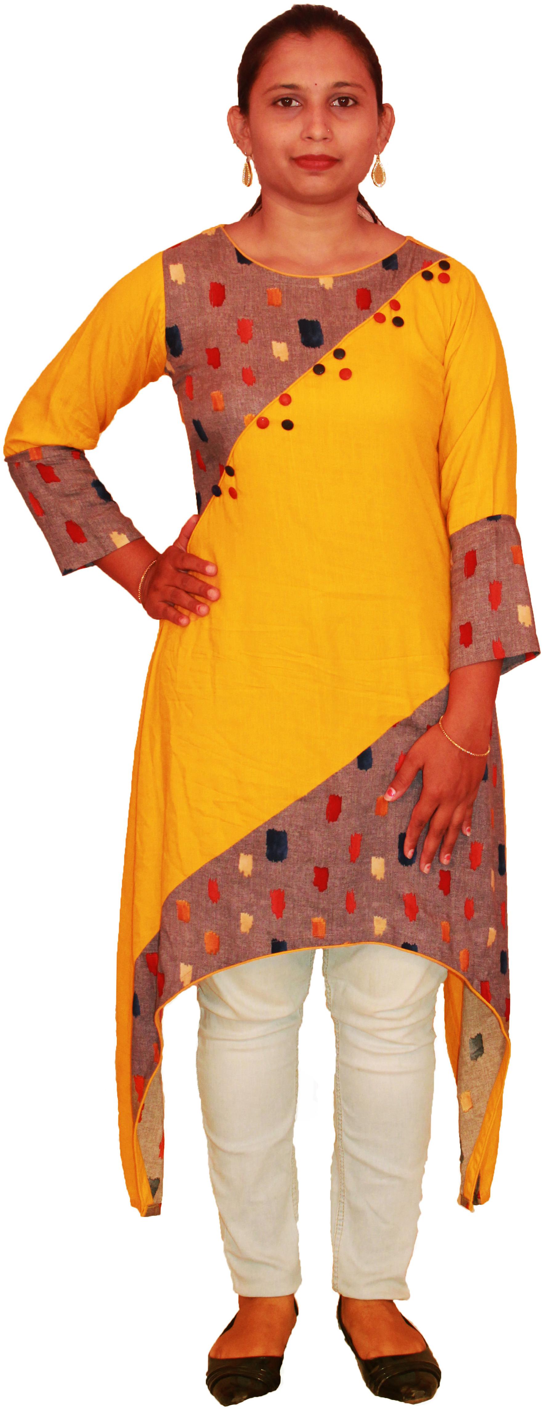 

PHB Wholesale Garments Women Yellow Brown Printed Assymetrical Kurti