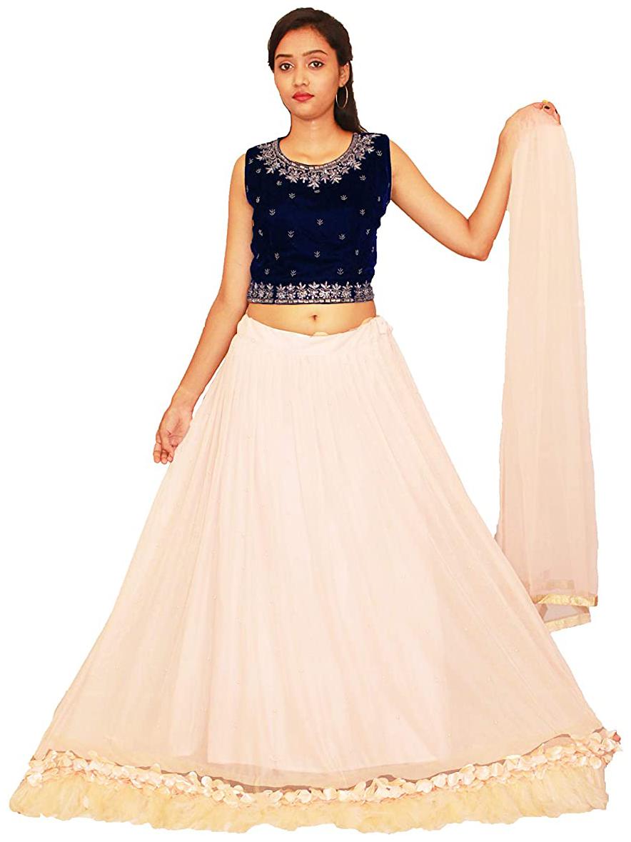 

PHB Wholesale Garments Velvet Embroidered Blue Peach Color Lehenga Choli with Dupatta