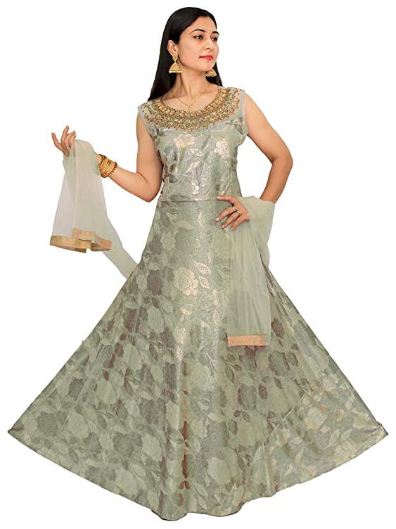 

PHB Wholesale Garments Polyester Blend Round Neck Embroidered Grey Color Gown With Bottom Dupatta