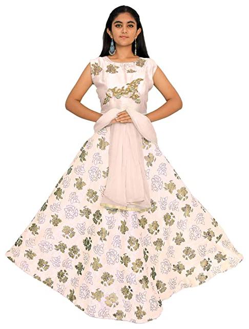

PHB Wholesale Garments Silk Blend Round Neck Embroidered Cream Color Gown With Bottom Dupatta