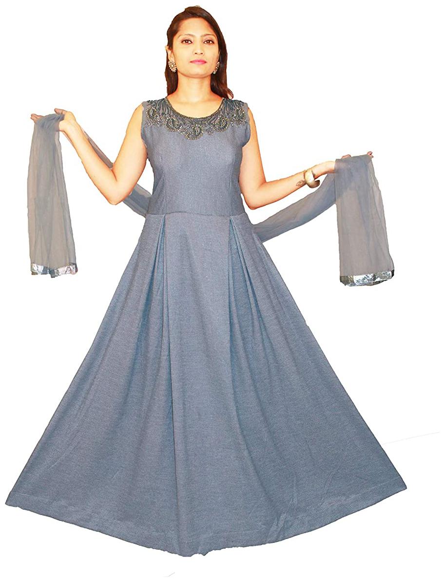 

PHB Wholesale Garments Polyester Blend Round Neck Embroidered Grey Color Gown With Bottom Dupatta