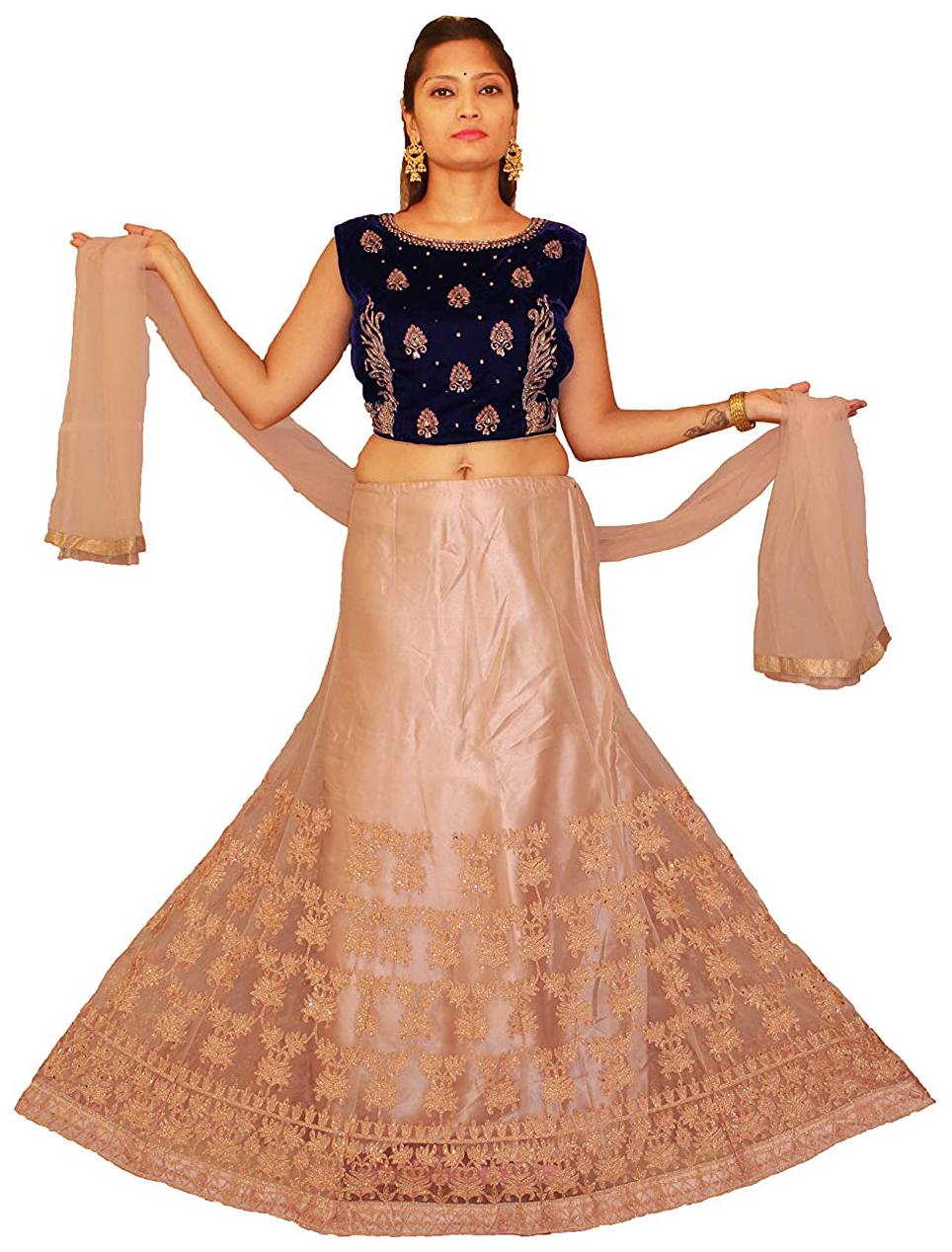 

PHB Wholesale Garments Velvet Embroidered Blue Peach Color Lehenga Choli with Dupatta