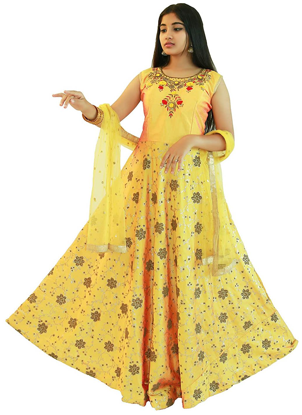 

PHB Wholesale Garments Silk Blend Round Neck Embroidered Yellow Color Gown With Bottom Dupatta