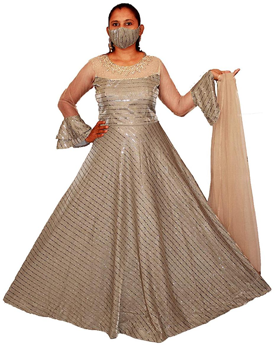 

PHB Wholesale Garments Polyester Blend Round Neck Embroidered Grey Color Gown With Bottom Dupatta