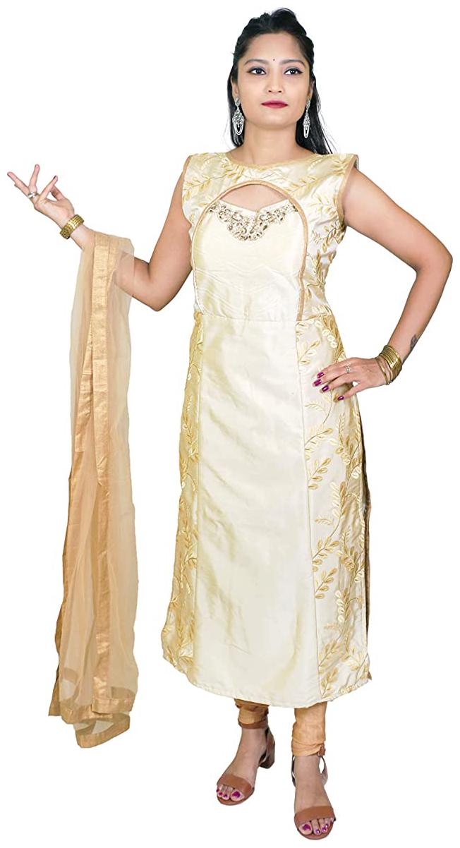

PHB Wholesale Garments Silk Embroidered Cream Color Kurti Leggings With Dupatta