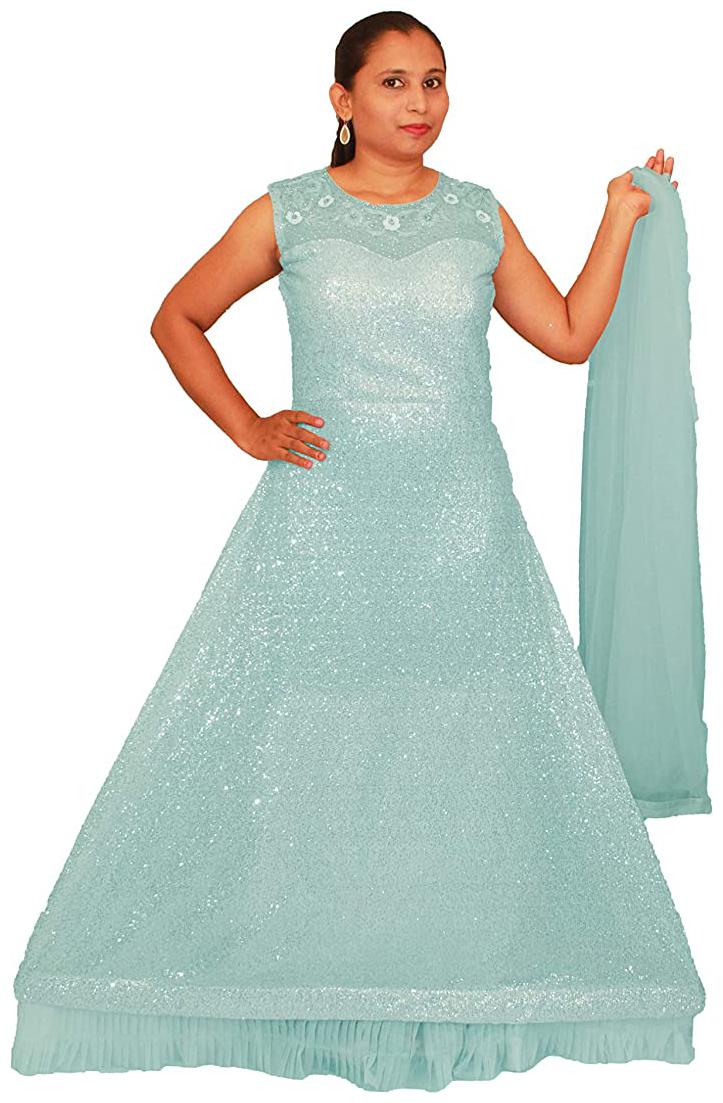 

PHB Wholesale Garments Polyester Blend Round Neck Embroidered Blue Color Gown With Bottom Dupatta