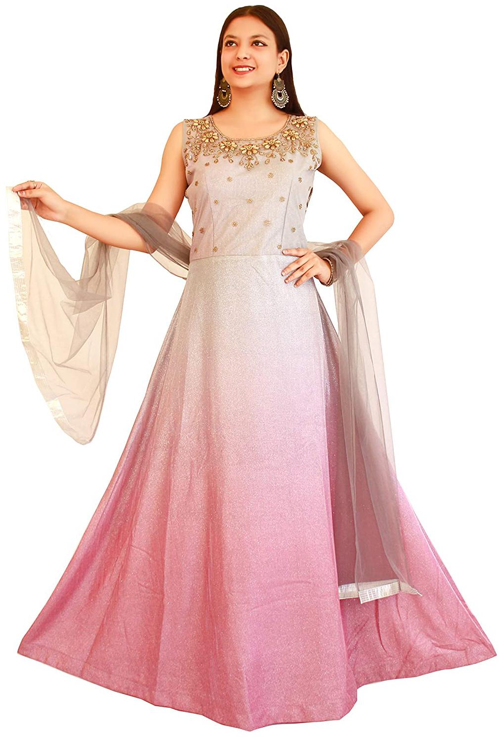 

PHB Wholesale Garments Polyester Blend Round Neck Embroidered Pink Color Gown With Bottom Dupatta