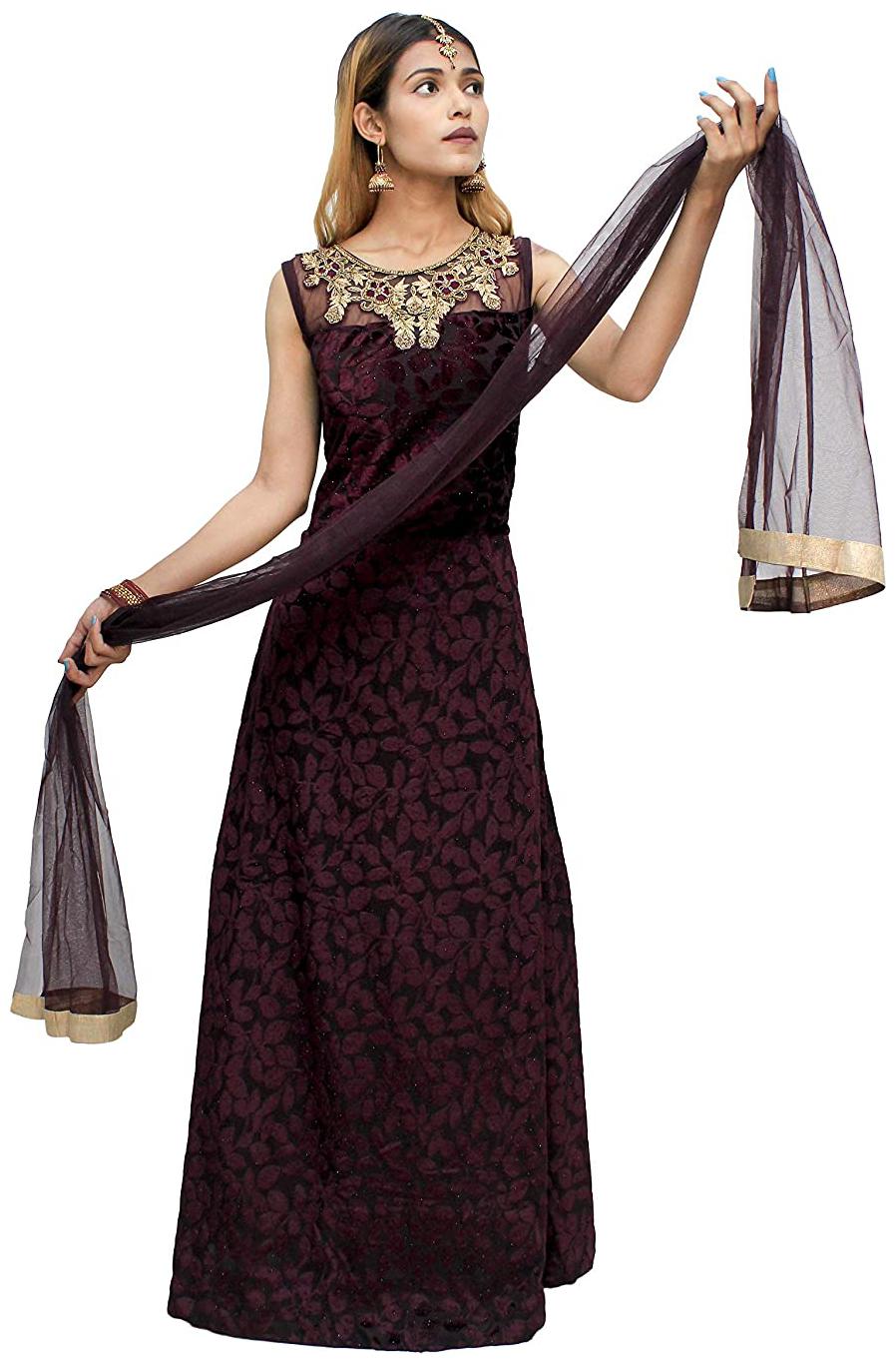 

PHB Wholesale Garments Polyester Blend Round Neck Embroidered Maroon Color Gown With Bottom Dupatta