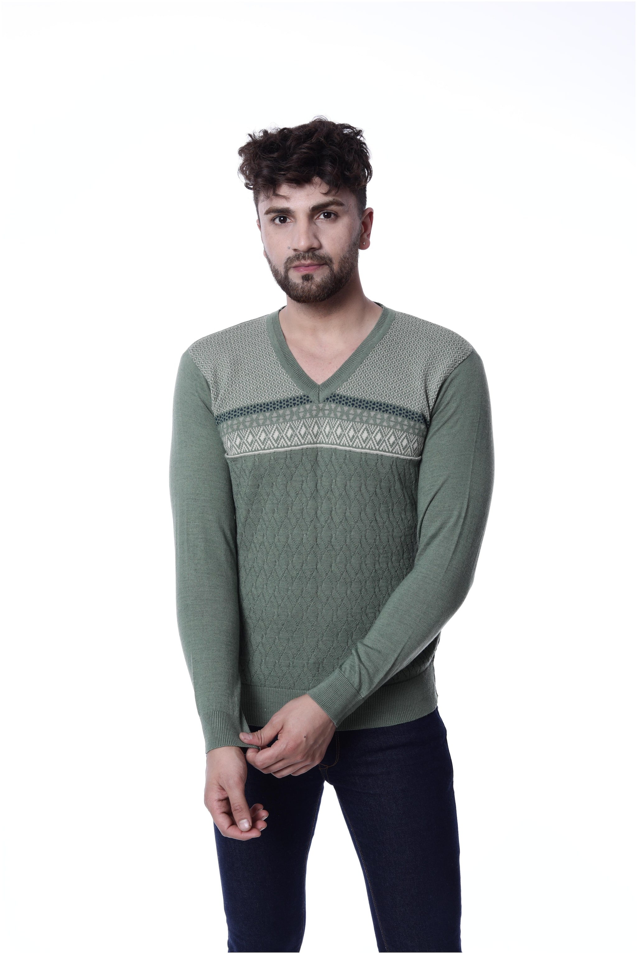 

PICOT Men Green V neck Pullover