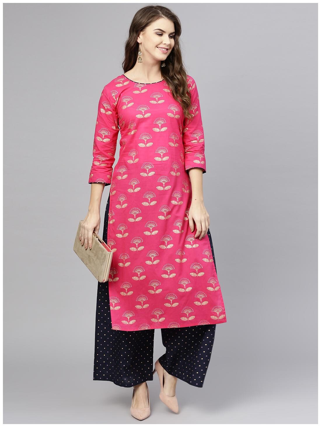 

AASI- HOUSE OF NAYO Women Pink Floral Straight Kurta With Palazzo