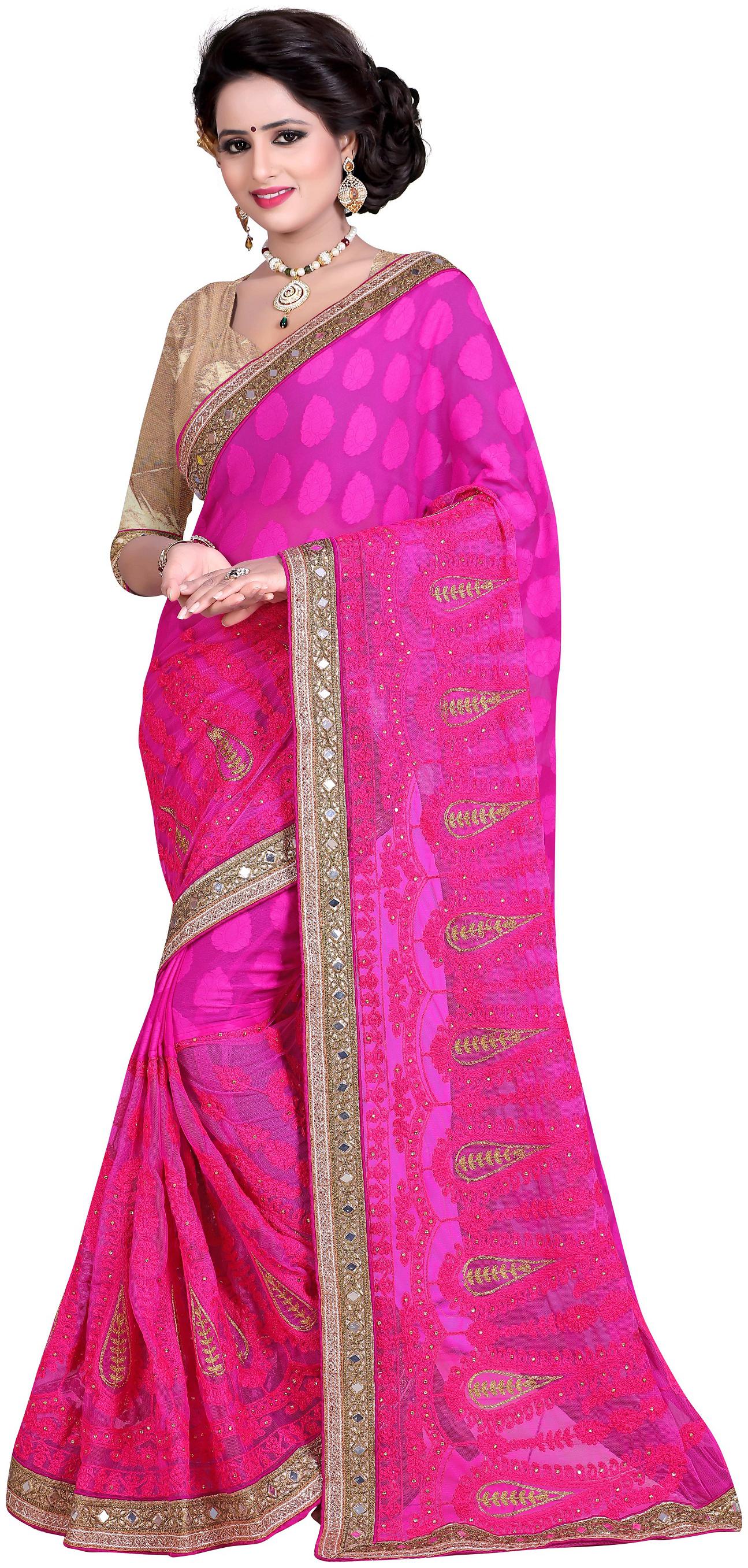 

Pink embroidered jacquard saree with blouse