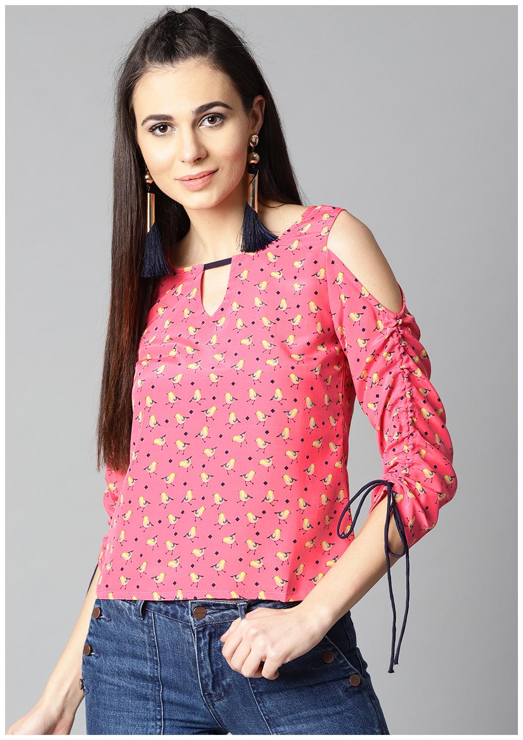 

Pink printed cold shoulder top with key hole neck adjustable drawstrings gathered sleeves