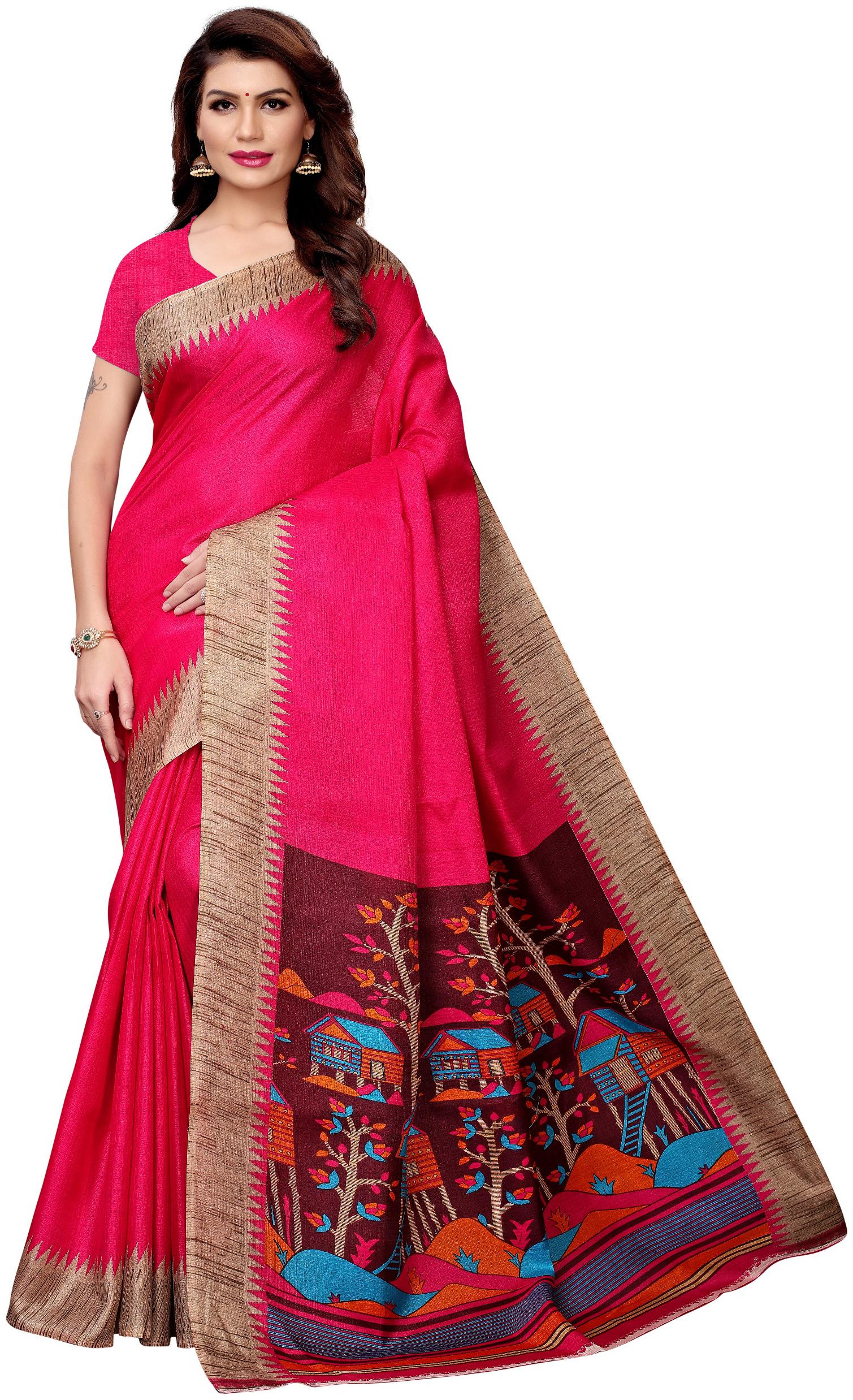 

Pink Printed Khadi Silk Kalamkari Saree with Blouse Piece