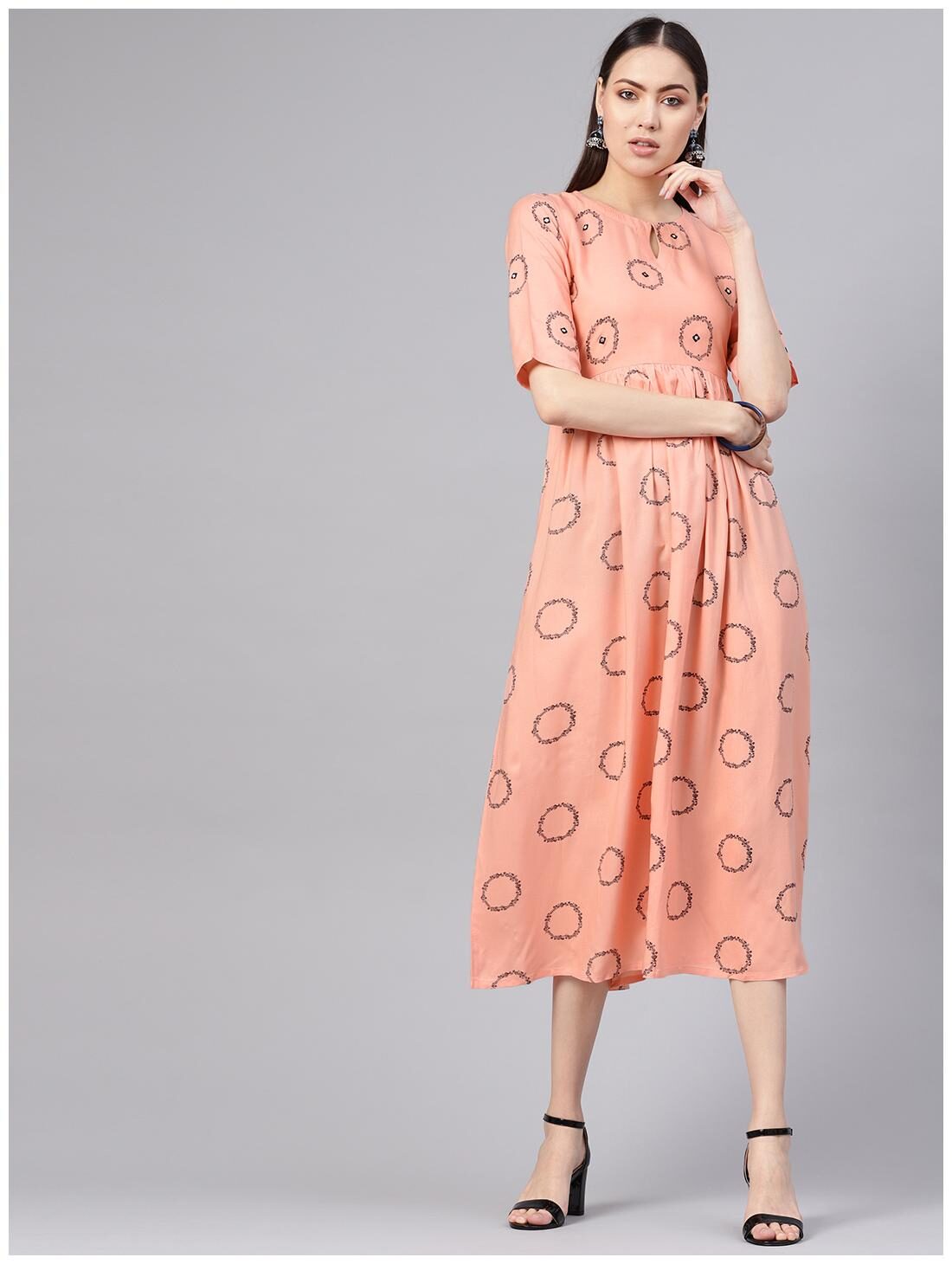 

Pink Rayon Printed Aline Fit And Flared Maxi Dress