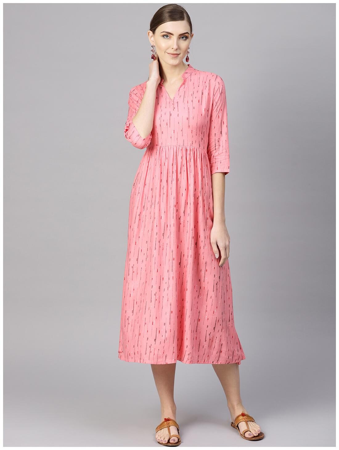 

Pink Rayon Printed Fit And Flared Maxi Dress
