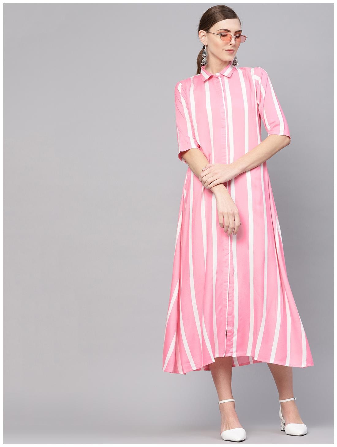 

Pink Rayon Striped Aline Maxi Dress