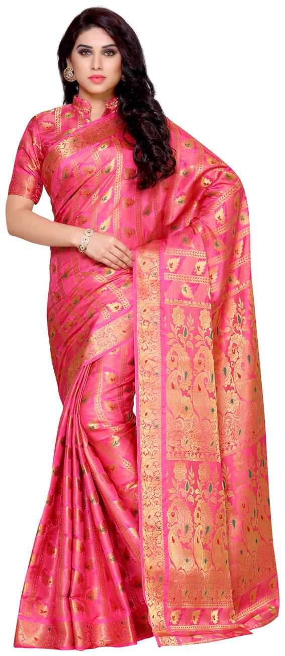 

Mimosa Pink Solid Universal Regular Saree With Blouse With blouse