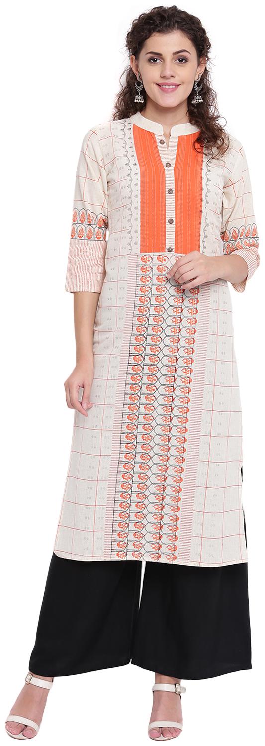 

PINKY PARI Women Cream Orange Printed Straight Kurta