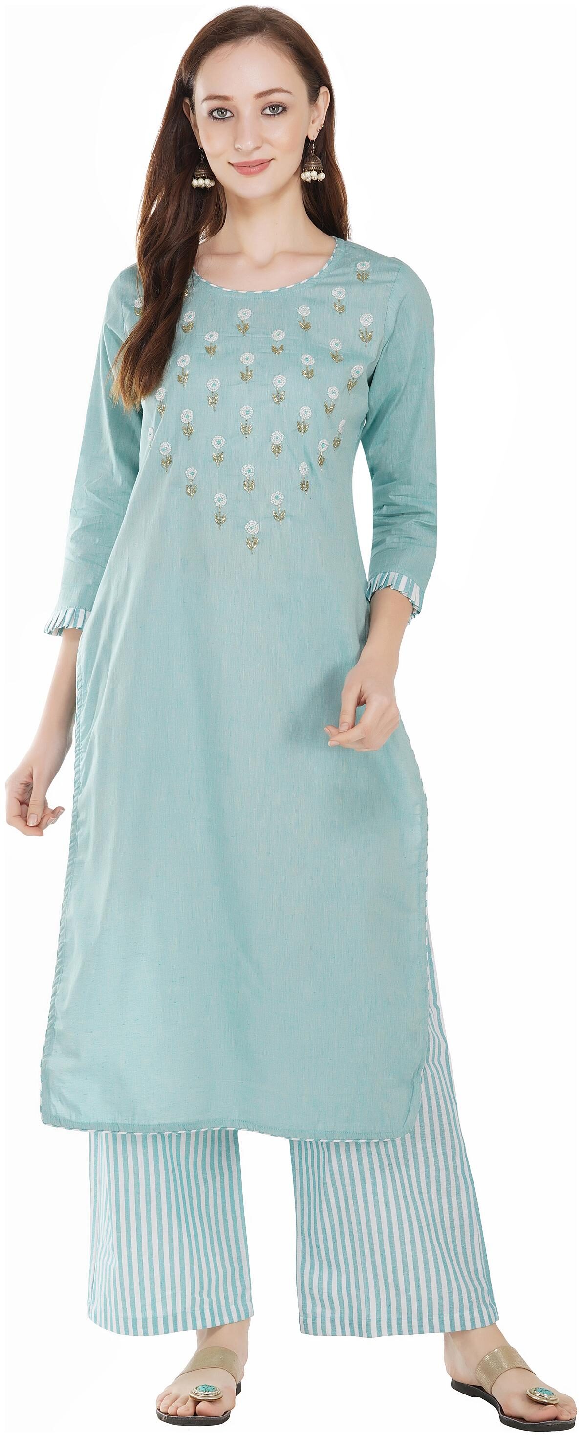 

PINKY PARI Women Turquoise Embroidered Straight Kurta