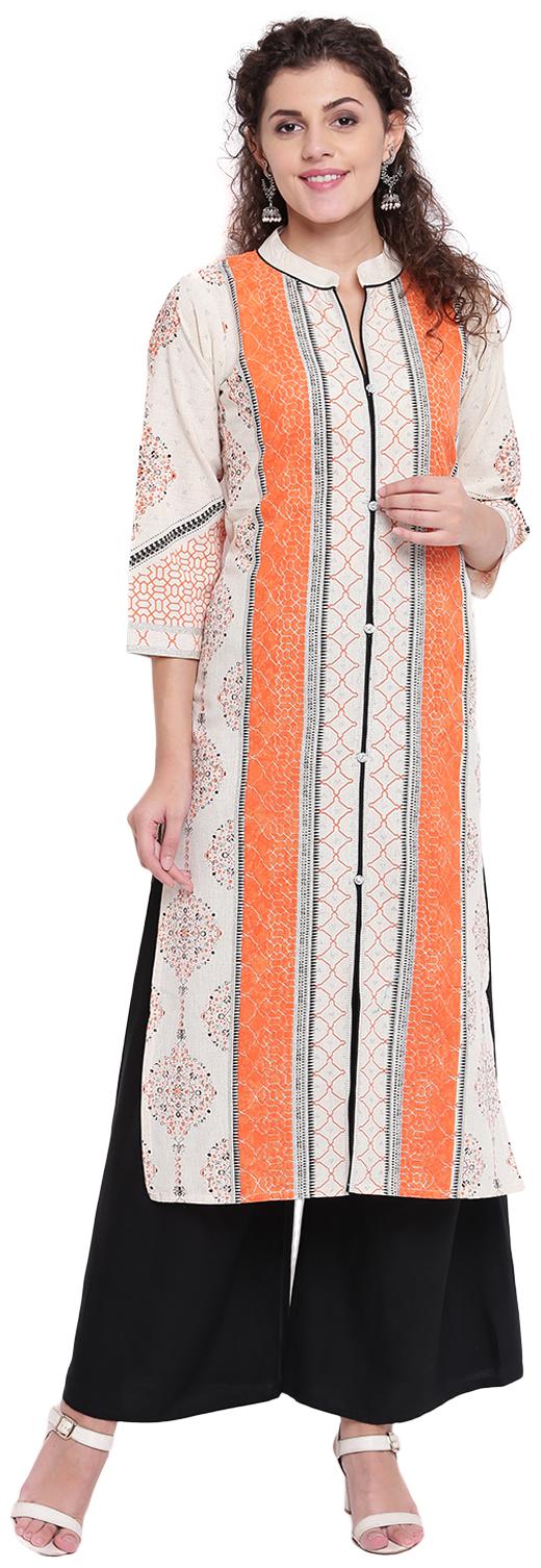 

PINKY PARI Women Cream Orange Printed Straight Kurta