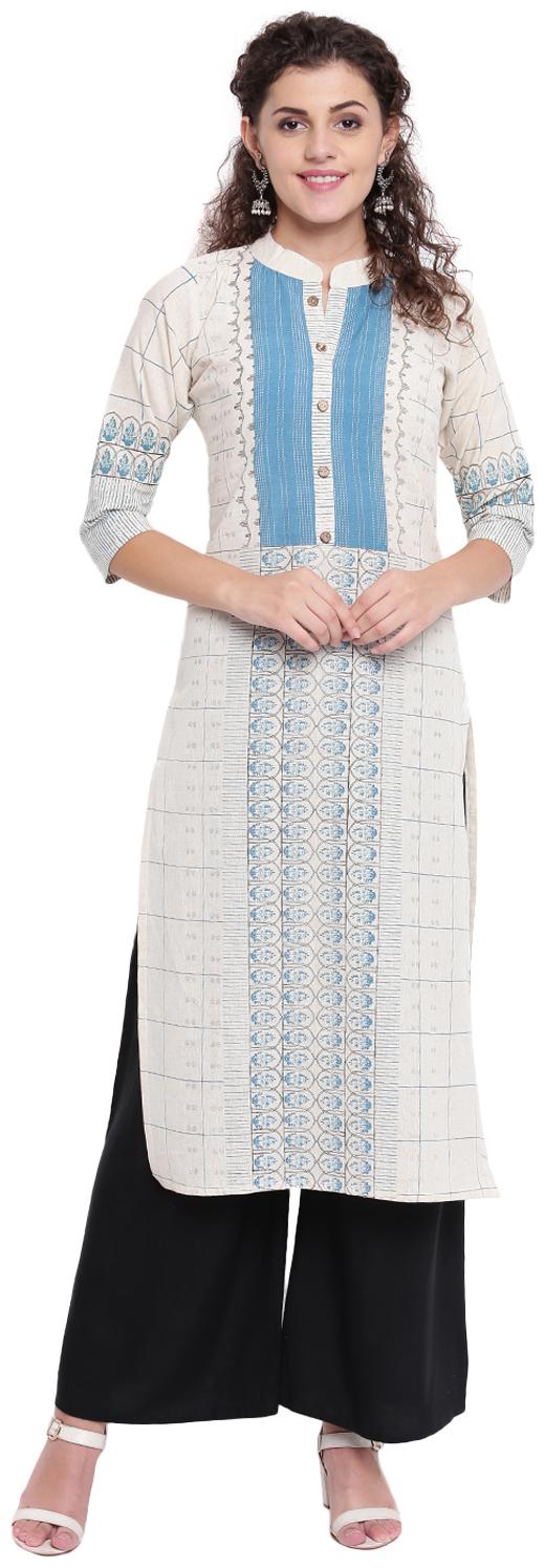 

PINKY PARI Women Cream Blue Printed Straight Kurta