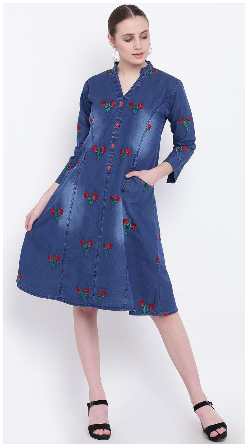 

PINKY PARI Blue Embroidered Faded Fit flare dress A-line dress