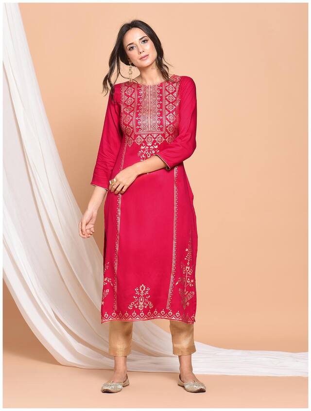 PINKY PARI Women Pink & Gold Ethnic Motifs Straight Kurta