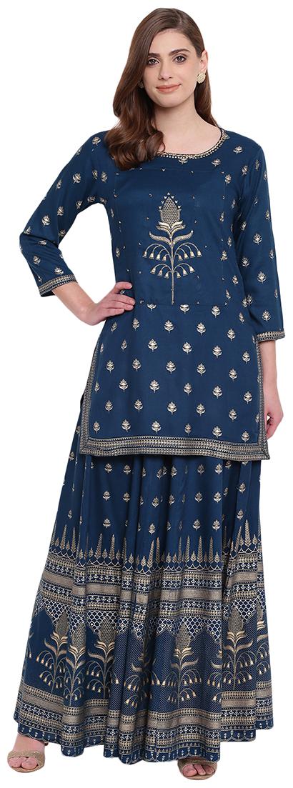 

PINKY PARI Women Blue Printed Straight Kurti With Skirt