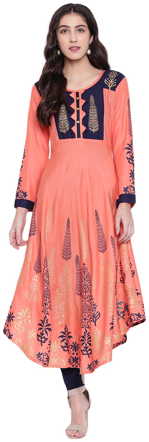 

PINKY PARI Women Peach Blue Printed Fit and Flare Kurta