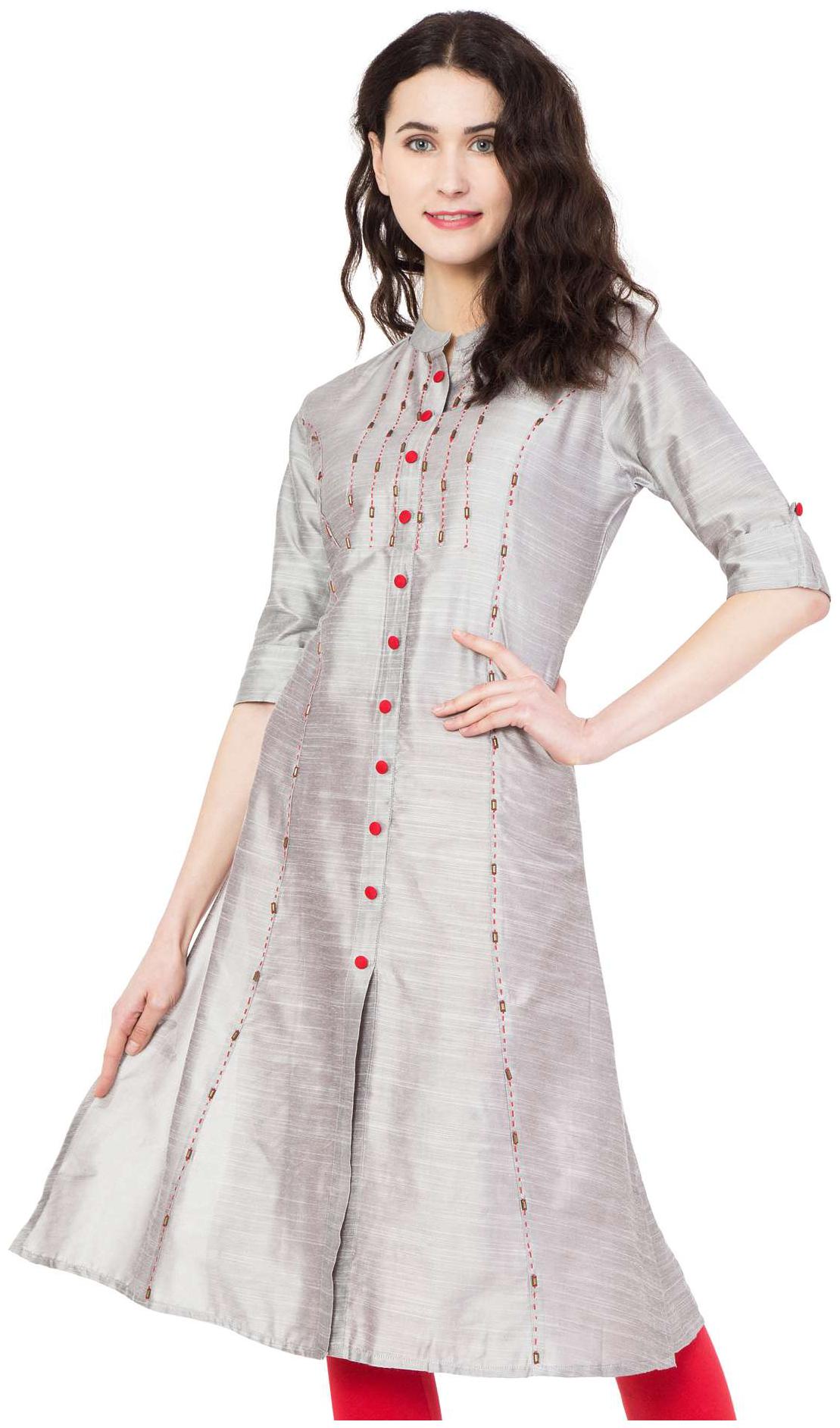 

PINKY PARI GREY BANDED COLLAR EMBELLISHED SILK FRONT SLIT ALINE STYLISH KURTI